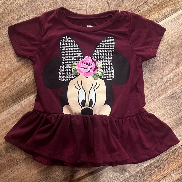 Disney Maroon Minnie Mouse Girls Peplum T-Shirt - Picture 1 of 8